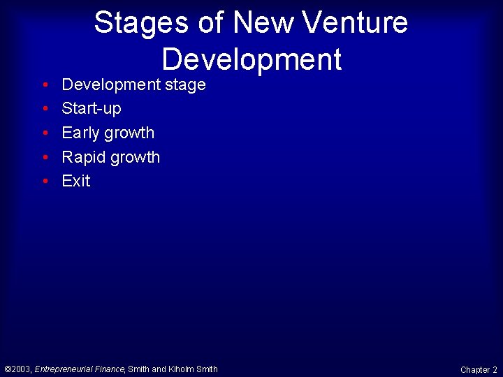 • • • Stages of New Venture Development stage Start-up Early growth Rapid • • • Stages of New Venture Development stage Start-up Early growth Rapid