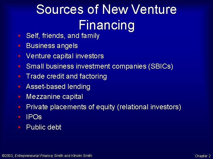 • • • Sources of New Venture Financing Self, friends, and family Business • • • Sources of New Venture Financing Self, friends, and family Business