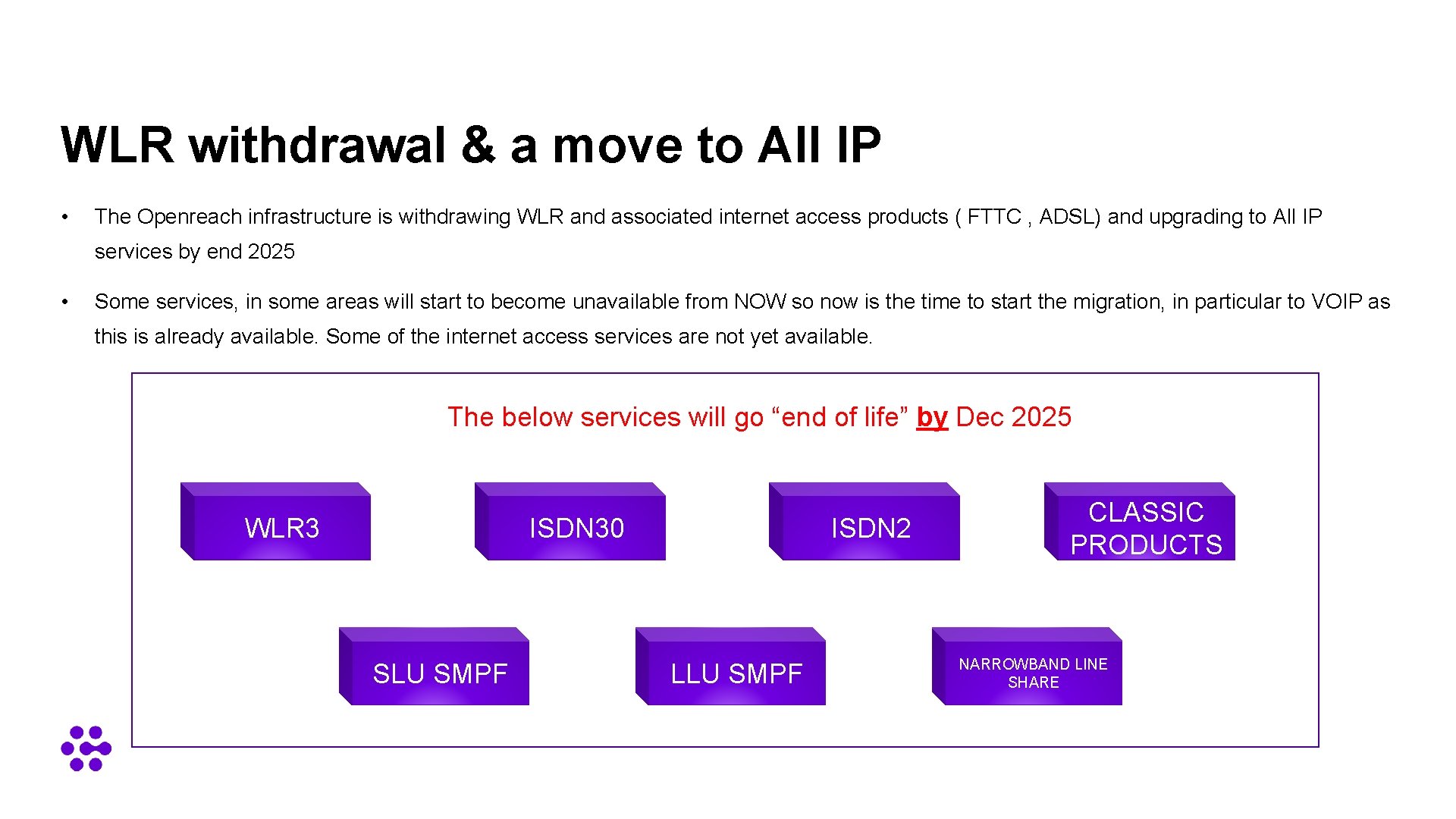 WLR withdrawal & a move to All IP • The Openreach infrastructure is withdrawing