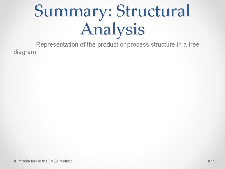 Summary: Structural Analysis Representation of the product or process structure in a tree diagram