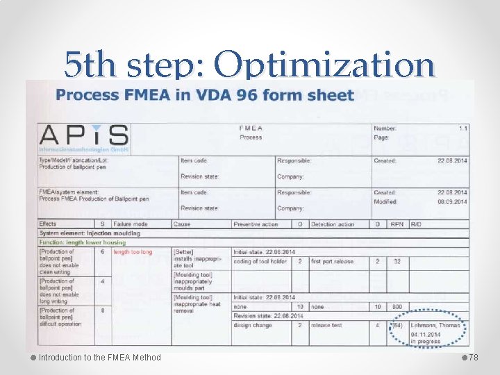 5 th step: Optimization Introduction to the FMEA Method 78 