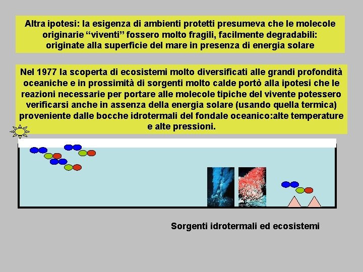 Altra ipotesi: la esigenza di ambienti protetti presumeva che le molecole originarie “viventi” fossero