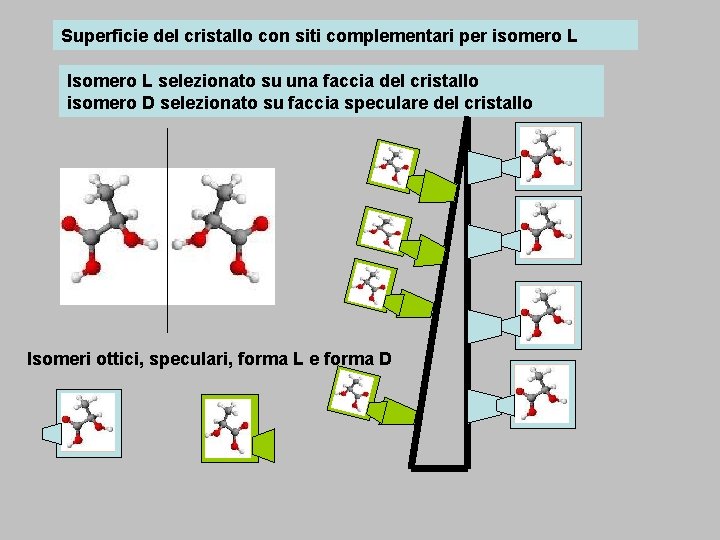 Superficie del cristallo con siti complementari per isomero L Isomero L selezionato su una