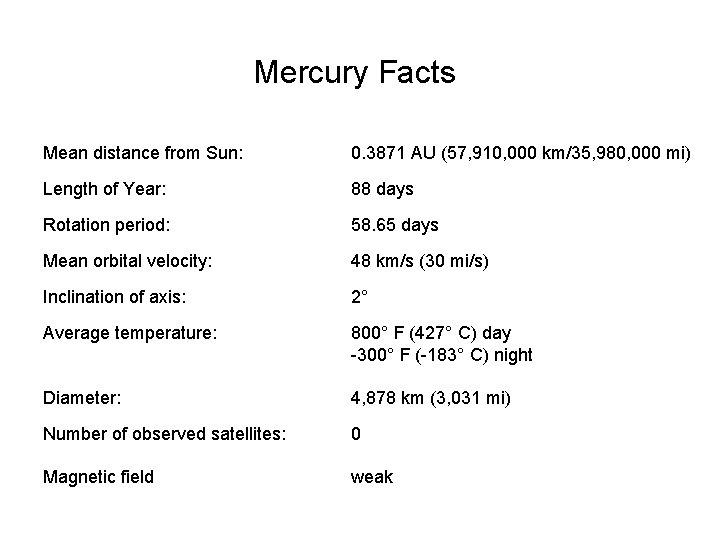 Mercury Facts Mean distance from Sun: 0. 3871 AU (57, 910, 000 km/35, 980,