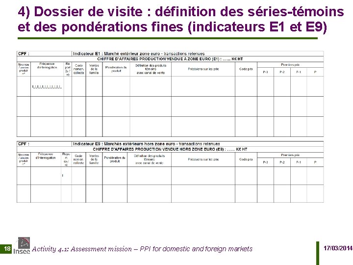 4) Dossier de visite : définition des séries-témoins et des pondérations fines (indicateurs E