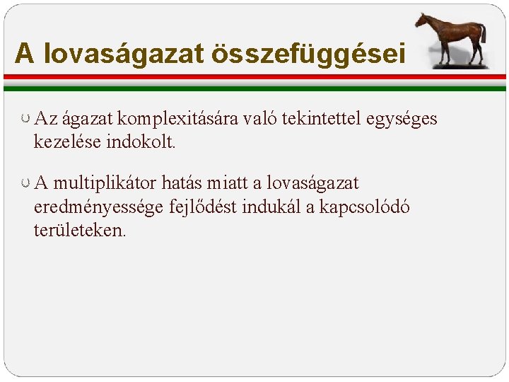 A lovaságazat összefüggései Az ágazat komplexitására való tekintettel egységes kezelése indokolt. A multiplikátor hatás A lovaságazat összefüggései Az ágazat komplexitására való tekintettel egységes kezelése indokolt. A multiplikátor hatás