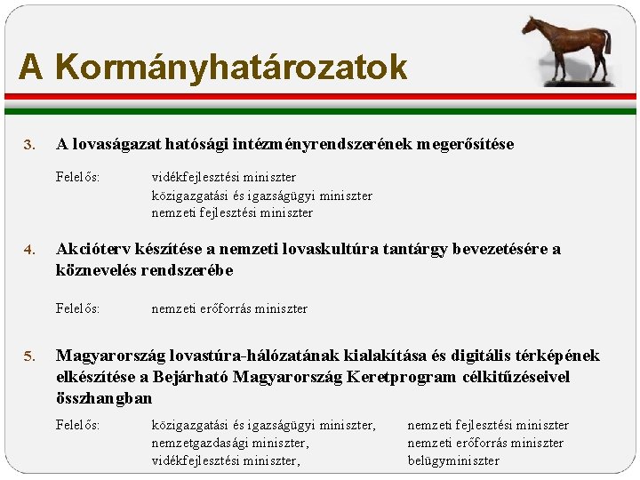 A Kormányhatározatok 3. A lovaságazat hatósági intézményrendszerének megerősítése Felelős: 4. Akcióterv készítése a nemzeti A Kormányhatározatok 3. A lovaságazat hatósági intézményrendszerének megerősítése Felelős: 4. Akcióterv készítése a nemzeti