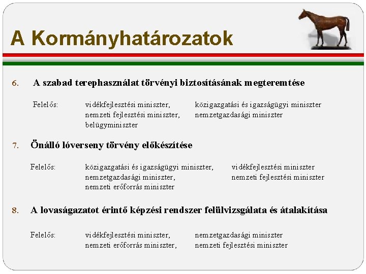 A Kormányhatározatok 6. A szabad terephasználat törvényi biztosításának megteremtése Felelős: 7. közigazgatási és igazságügyi A Kormányhatározatok 6. A szabad terephasználat törvényi biztosításának megteremtése Felelős: 7. közigazgatási és igazságügyi