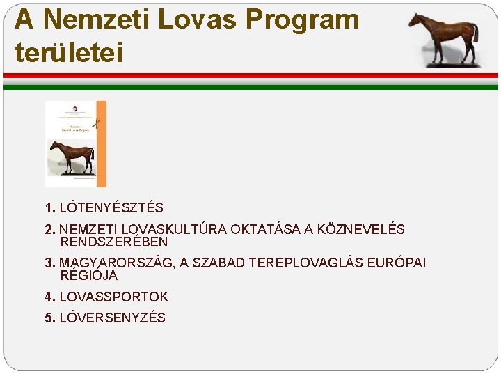A Nemzeti Lovas Program területei 1. LÓTENYÉSZTÉS 2. NEMZETI LOVASKULTÚRA OKTATÁSA A KÖZNEVELÉS RENDSZERÉBEN A Nemzeti Lovas Program területei 1. LÓTENYÉSZTÉS 2. NEMZETI LOVASKULTÚRA OKTATÁSA A KÖZNEVELÉS RENDSZERÉBEN
