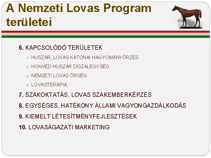 A Nemzeti Lovas Program területei 6. KAPCSOLÓDÓ TERÜLETEK HUSZÁR, LOVAS KATONAI HAGYOMÁNYŐRZÉS HONVÉD HUSZÁR A Nemzeti Lovas Program területei 6. KAPCSOLÓDÓ TERÜLETEK HUSZÁR, LOVAS KATONAI HAGYOMÁNYŐRZÉS HONVÉD HUSZÁR