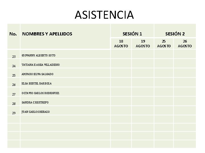 ASISTENCIA No. NOMBRES Y APELLIDOS SESIÓN 1 18 AGOSTO 23 GIOVANNY ALBERTO SOTO 24