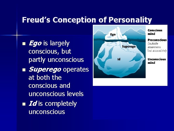 Freud’s Conception of Personality n n n Ego is largely conscious, but partly unconscious