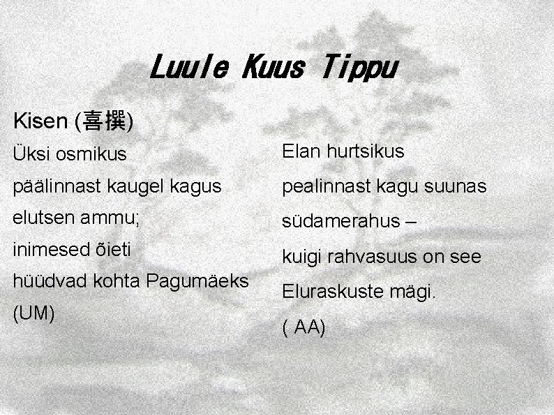 Luule Kuus Tippu Kisen (喜撰) Üksi osmikus Elan hurtsikus päälinnast kaugel kagus pealinnast kagu