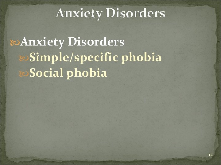 Anxiety Disorders Simple/specific phobia Social phobia 12 