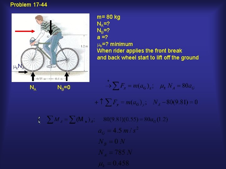 Problem 17 -44 m= 80 kg NA=? NB=? a =? mk=? minimum When rider