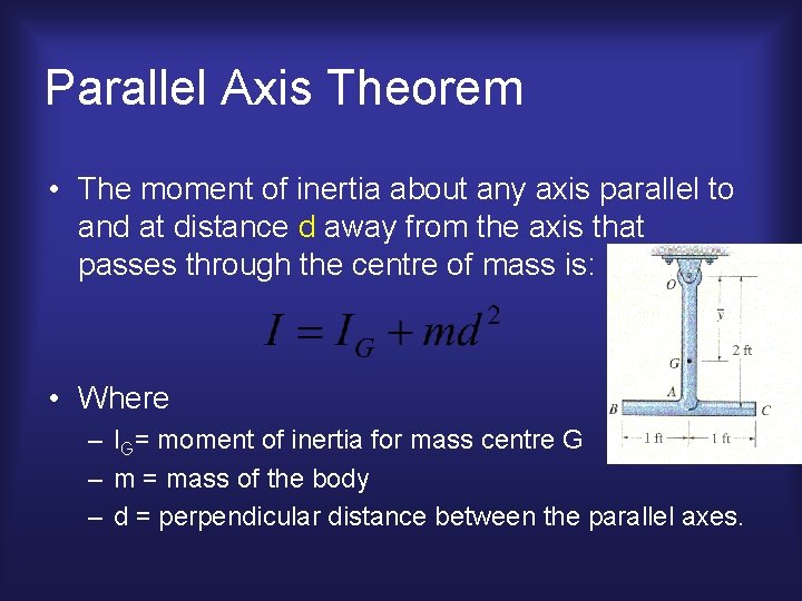 Parallel Axis Theorem • The moment of inertia about any axis parallel to and