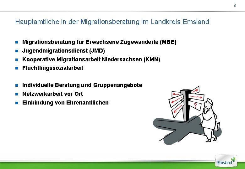 9 Hauptamtliche in der Migrationsberatung im Landkreis Emsland Migrationsberatung für Erwachsene Zugewanderte (MBE) Jugendmigrationsdienst