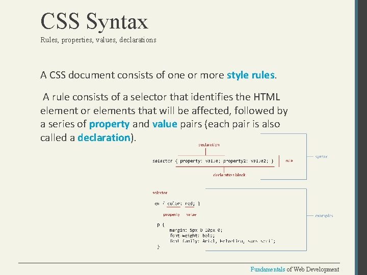 CSS Syntax Rules, properties, values, declarations A CSS document consists of one or more
