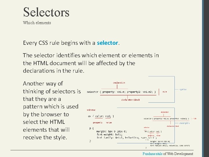 Selectors Which elements Every CSS rule begins with a selector. The selector identifies which