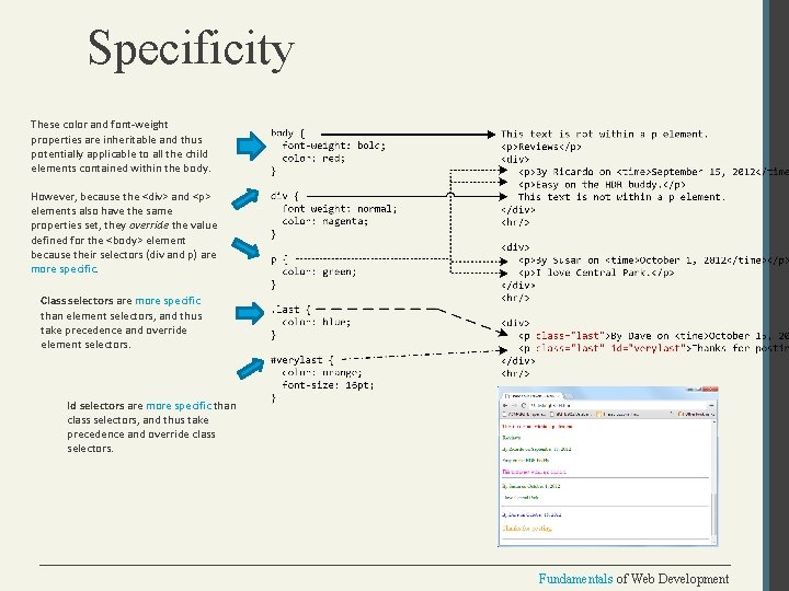 Specificity These color and font-weight properties are inheritable and thus potentially applicable to all