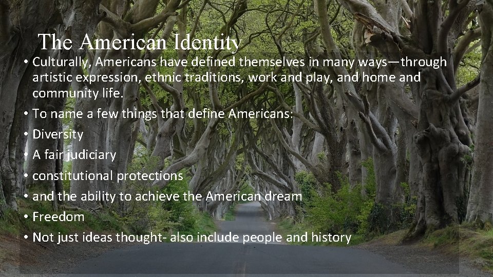 The American Identity • Culturally, Americans have defined themselves in many ways—through artistic expression,