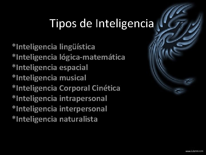 Tipos de Inteligencia *Inteligencia lingüística *Inteligencia lógica-matemática *Inteligencia espacial *Inteligencia musical *Inteligencia Corporal Cinética