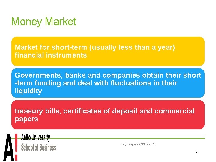 Money Market for short-term (usually less than a year) financial instruments Governments, banks and