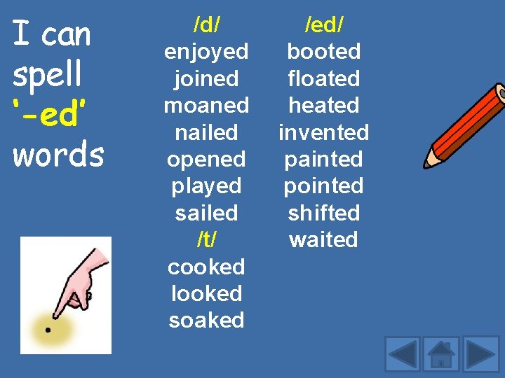 I can spell ‘-ed’ words /d/ enjoyed joined moaned nailed opened played sailed /t/