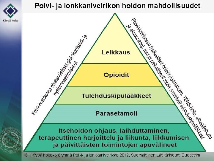 Polvi- ja lonkkanivelrikon hoidon mahdollisuudet © Käypä hoito -työryhmä Polvi- ja lonkkanivelrikko 2012, Suomalainen