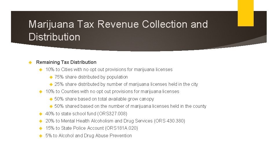 Marijuana Tax Revenue Collection and Distribution Remaining Tax Distribution 10% to Cities with no