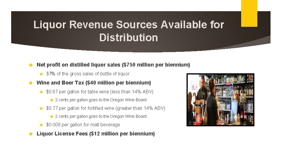 Liquor Revenue Sources Available for Distribution Net profit on distilled liquor sales ($750 million