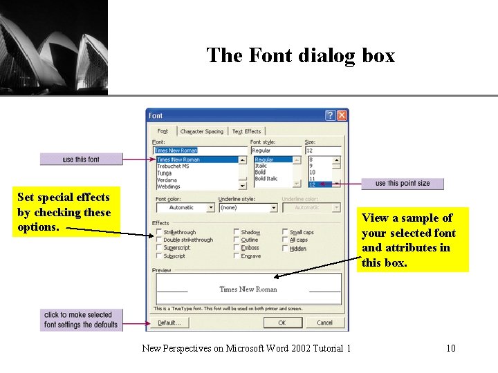 The Font dialog box Set special effects by checking these options. XP View a The Font dialog box Set special effects by checking these options. XP View a