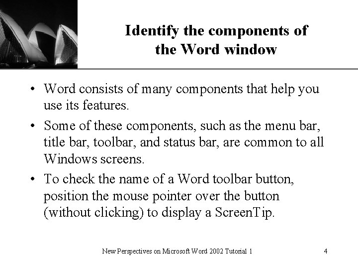 XP Identify the components of the Word window • Word consists of many components XP Identify the components of the Word window • Word consists of many components