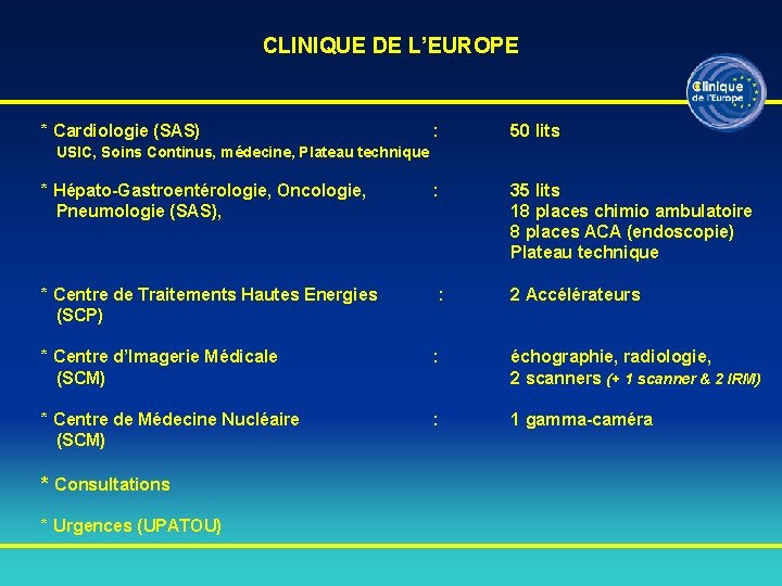 CLINIQUE DE L’EUROPE * Cardiologie (SAS) : 50 lits * Hépato-Gastroentérologie, Oncologie, Pneumologie (SAS),