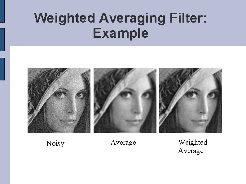 Weighted Averaging Filter: Example Noisy Average Weighted Average 