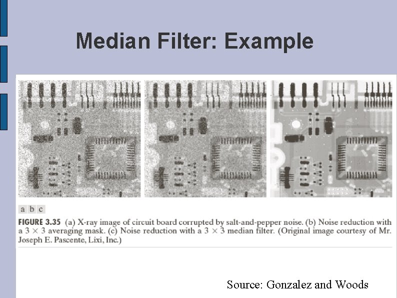 Median Filter: Example Source: Gonzalez and Woods 