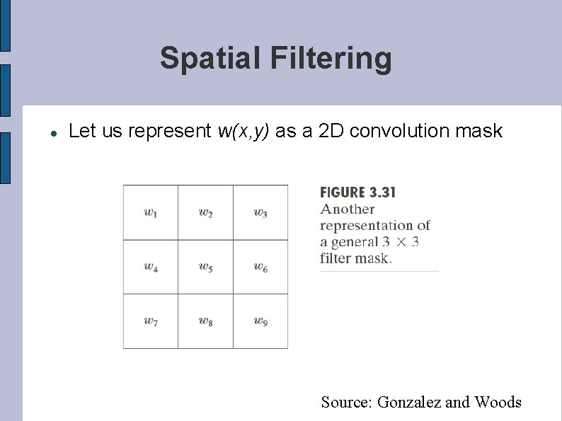 Spatial Filtering Let us represent w(x, y) as a 2 D convolution mask Source: