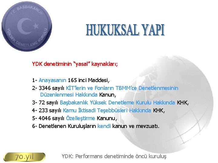 YDK denetiminin “yasal” kaynakları; 1 - Anayasanın 165 inci Maddesi, 2 - 3346 sayılı