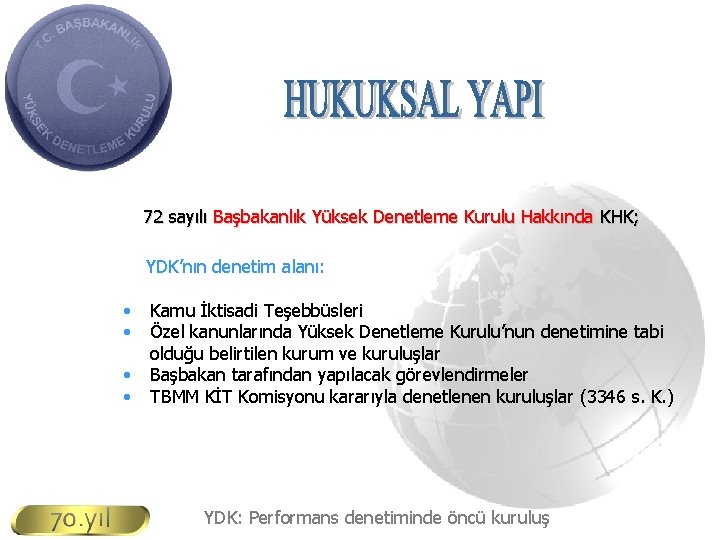 72 sayılı Başbakanlık Yüksek Denetleme Kurulu Hakkında KHK; YDK’nın denetim alanı: • • Kamu