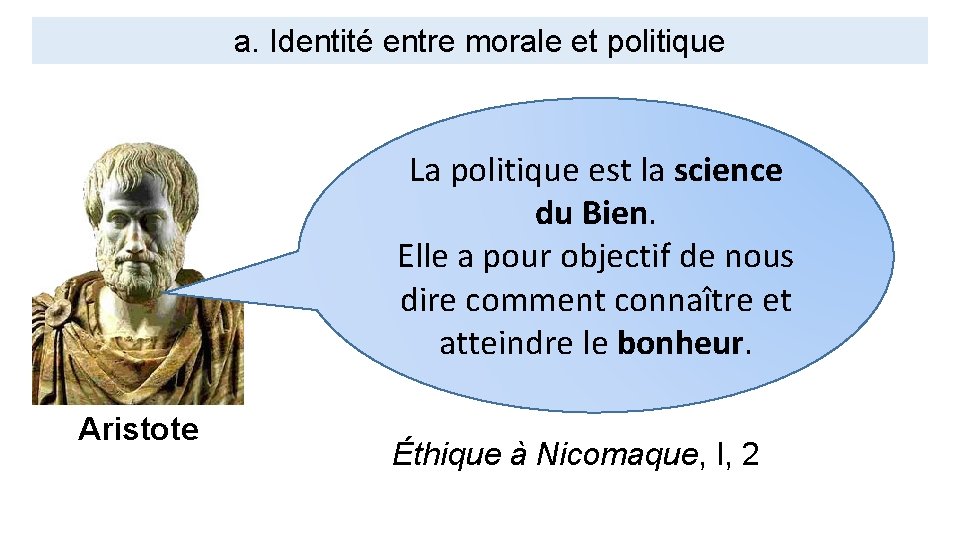 a. Identité entre morale et politique La politique est la science du Bien. Elle