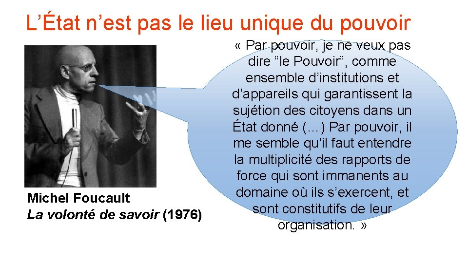 L’État n’est pas le lieu unique du pouvoir Michel Foucault La volonté de savoir