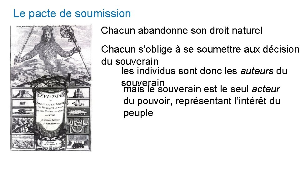 Le pacte de soumission Chacun abandonne son droit naturel Chacun s’oblige à se soumettre