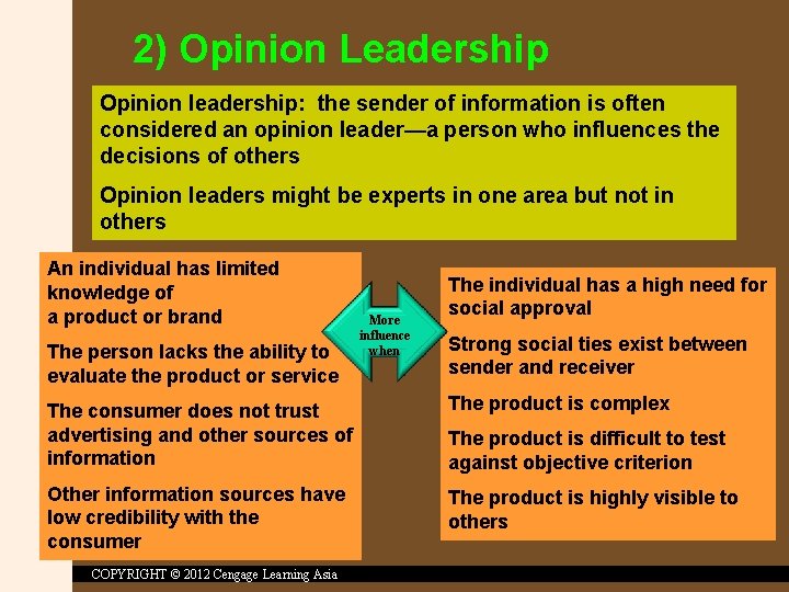 2) Opinion Leadership Opinion leadership: the sender of information is often considered an opinion