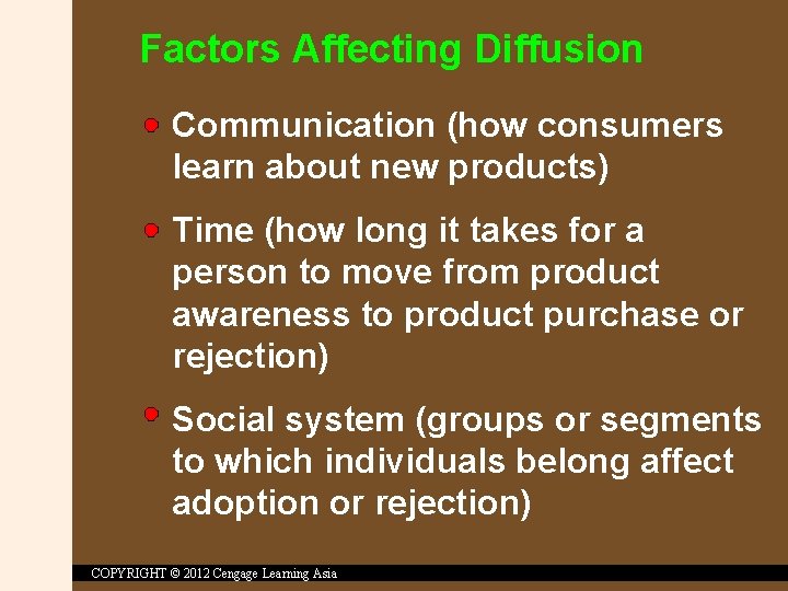 Factors Affecting Diffusion Communication (how consumers learn about new products) Time (how long it