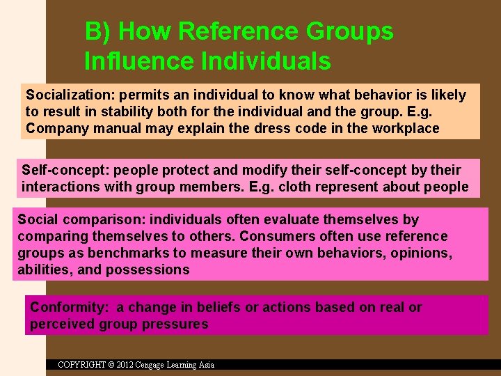 B) How Reference Groups Influence Individuals Socialization: permits an individual to know what behavior