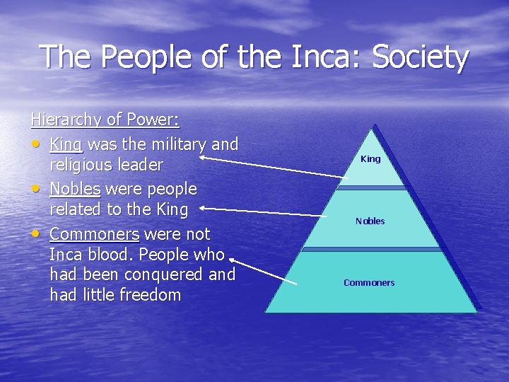 The People of the Inca: Society Hierarchy of Power: • King was the military The People of the Inca: Society Hierarchy of Power: • King was the military