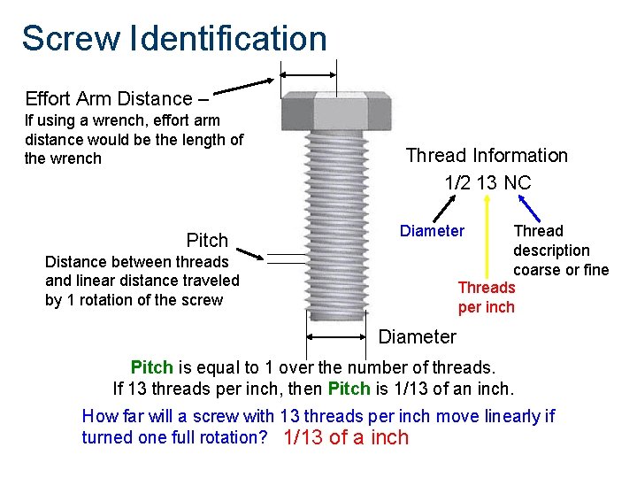 Screw Identification Effort Arm Distance – If using a wrench, effort arm distance would