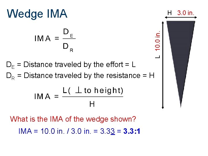Wedge IMA L 10. 0 in. H 3. 0 in. DE = Distance traveled