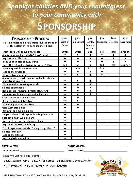 Spotlight abilities AND your commitment to your community with SPONSORSHIP BENEFITS Please indicate your