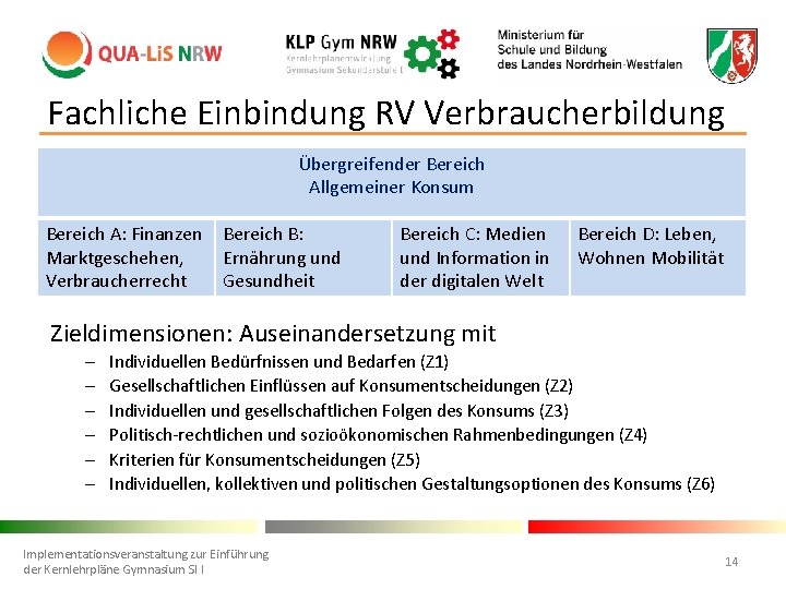 Fachliche Einbindung RV Verbraucherbildung Übergreifender Bereich Allgemeiner Konsum Bereich A: Finanzen Marktgeschehen, Verbraucherrecht Bereich